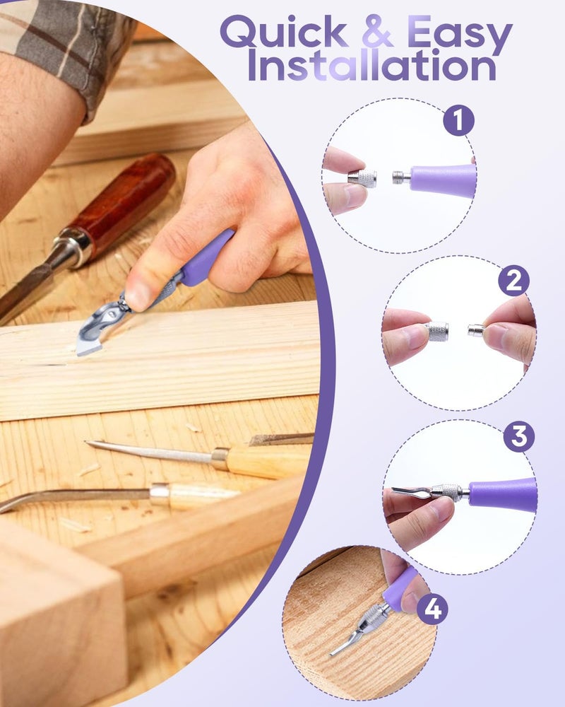 UCEC Linocut Carving Tools Linoleum Cutter Assortment for Block Printing Lino Cutting Tools for DIY Rubber Stamp Carving Kit & Beginners 6 Blades Universal Size Purple With A Brayer Roller(4 Inch) - Image 4